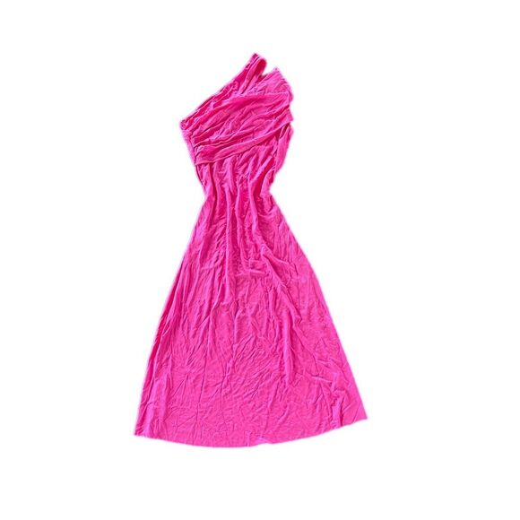 Helmut Lang One Shoulder Midi Dress Sz S Stretch Knit Sleeveless Neon‎ Pink - Picture 1 of 9